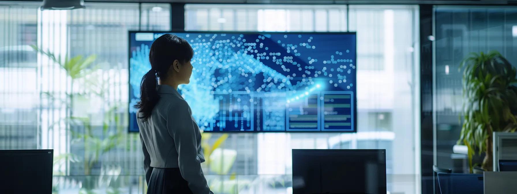 a sleek, modern office setting features a large screen displaying digital translation data alongside a thoughtful human translator analyzing a complex text, embodying the contrast between ai efficiency and human nuance in language interpretation.
