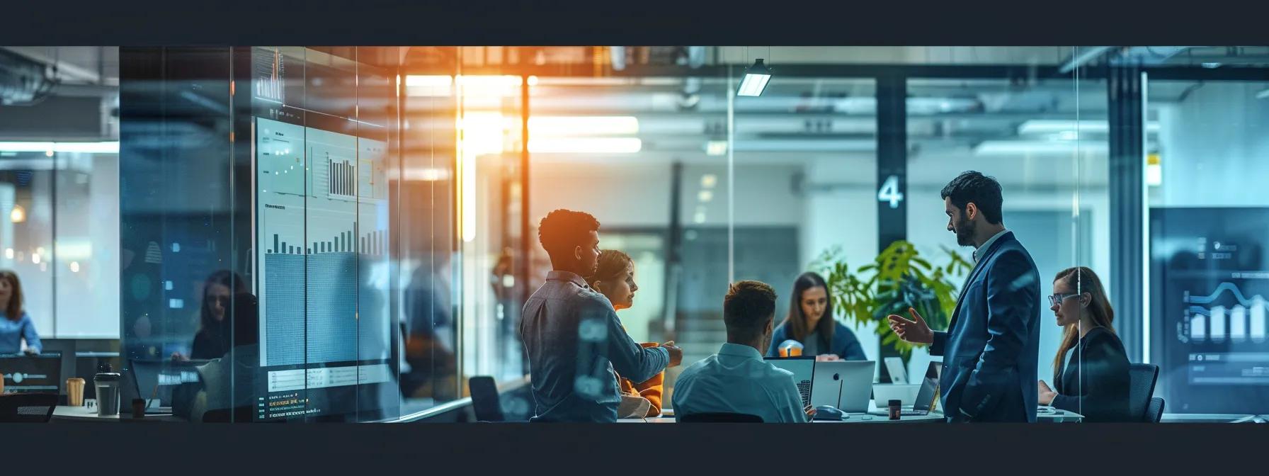 a modern office environment showcases a diverse team engaged in a dynamic discussion, surrounded by digital displays of marketing data and ai tools, highlighting the importance of selecting the right marketing translation company in the age of technology.