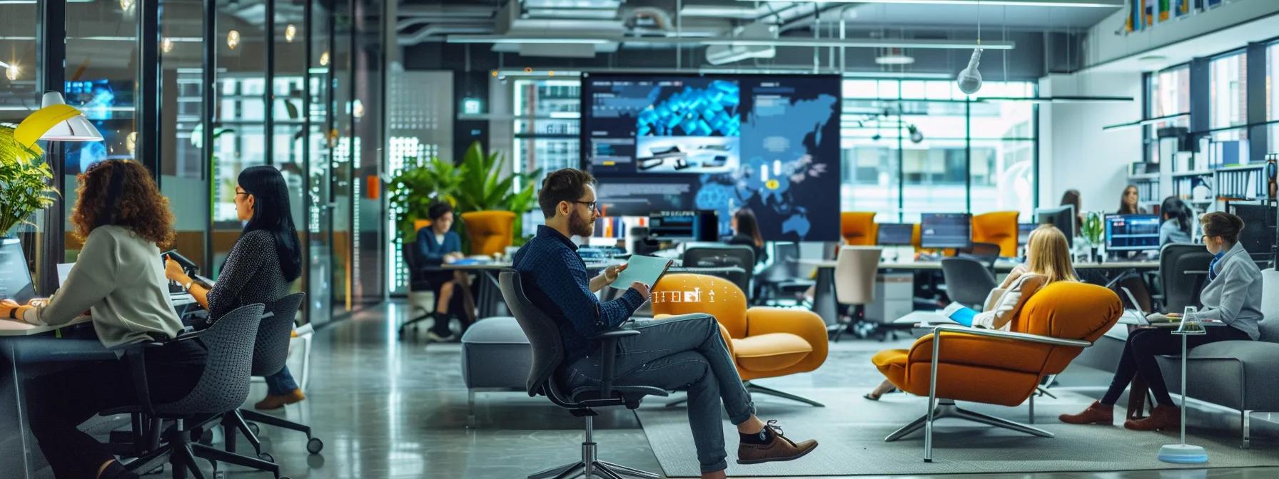 a modern, professional office space is bustling with activity as team members engage in vibrant brainstorming sessions, surrounded by colorful marketing materials and digital screens showcasing diverse global campaigns, highlighting the dynamic services of a leading marketing translation company.