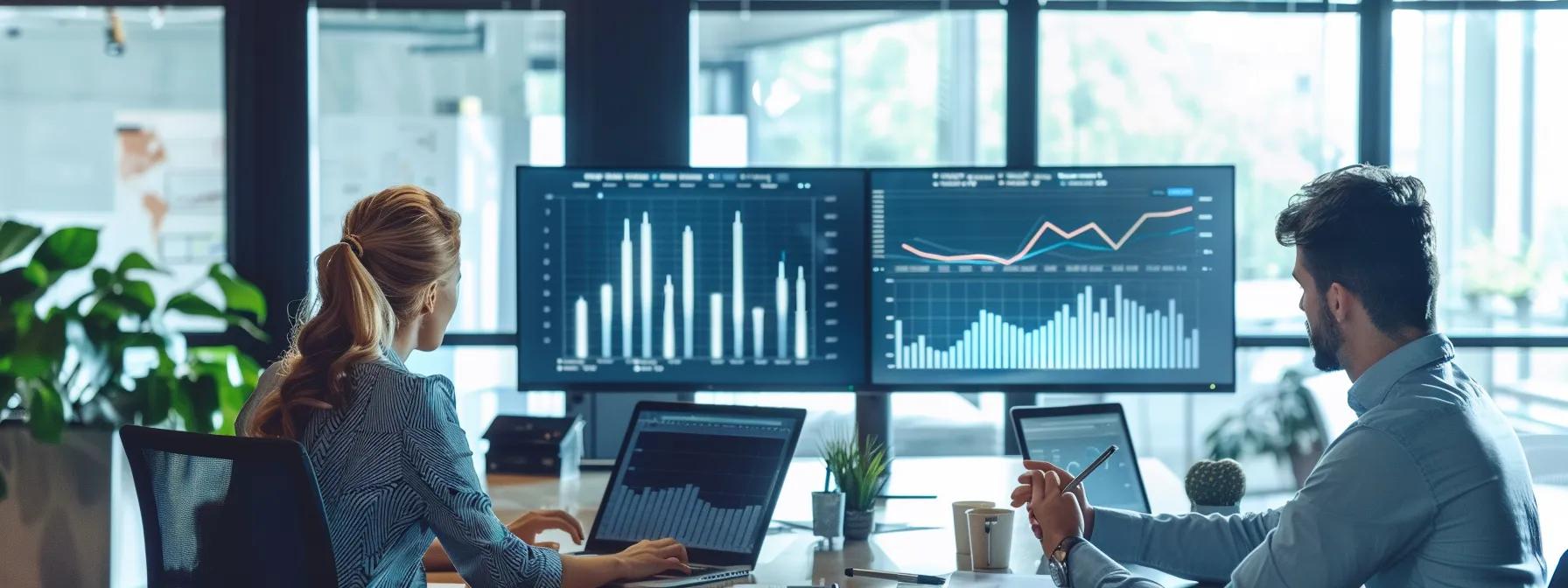 a sleek office setting showcases a diverse team collaboratively analyzing charts and graphs on digital screens, illustrating the intricate cost factors of ai-enhanced marketing translation services with vibrant visuals and modern technology.