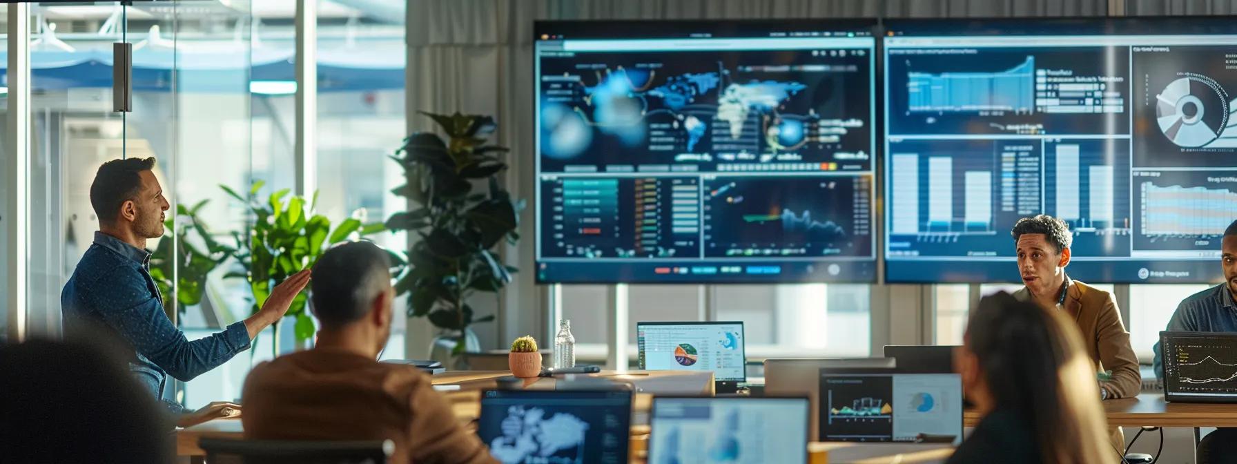 a sleek, modern office environment showcases a diverse team engaged in a dynamic brainstorming session, surrounded by screens displaying innovative ai marketing translation tools and multimedia content strategies, reflecting the latest trends in global outreach.