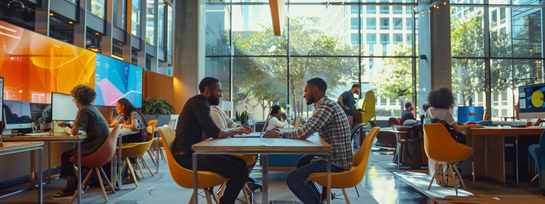 a vibrant urban office setting in miami, showcasing diverse professionals engaged in collaborative translation services, surrounded by dynamic digital displays reflecting various languages and cultures, emphasizing affordability and adaptability in a bustling business environment.