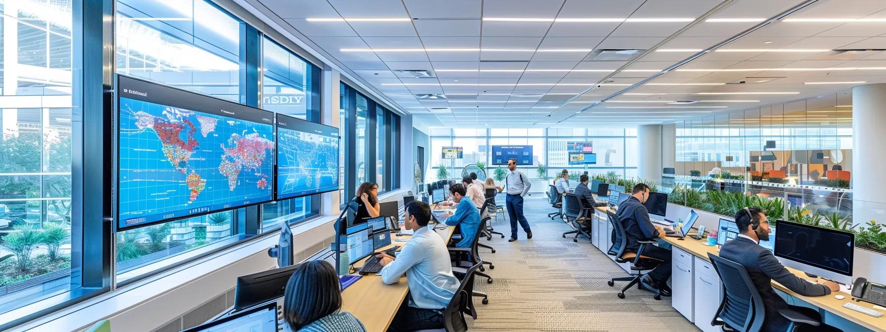 a bustling miami office space features professionals engaging in dynamic discussions over translation projects, with multilingual charts and maps highlighting the city’s diverse language demographics prominently displayed on sleek digital screens.
