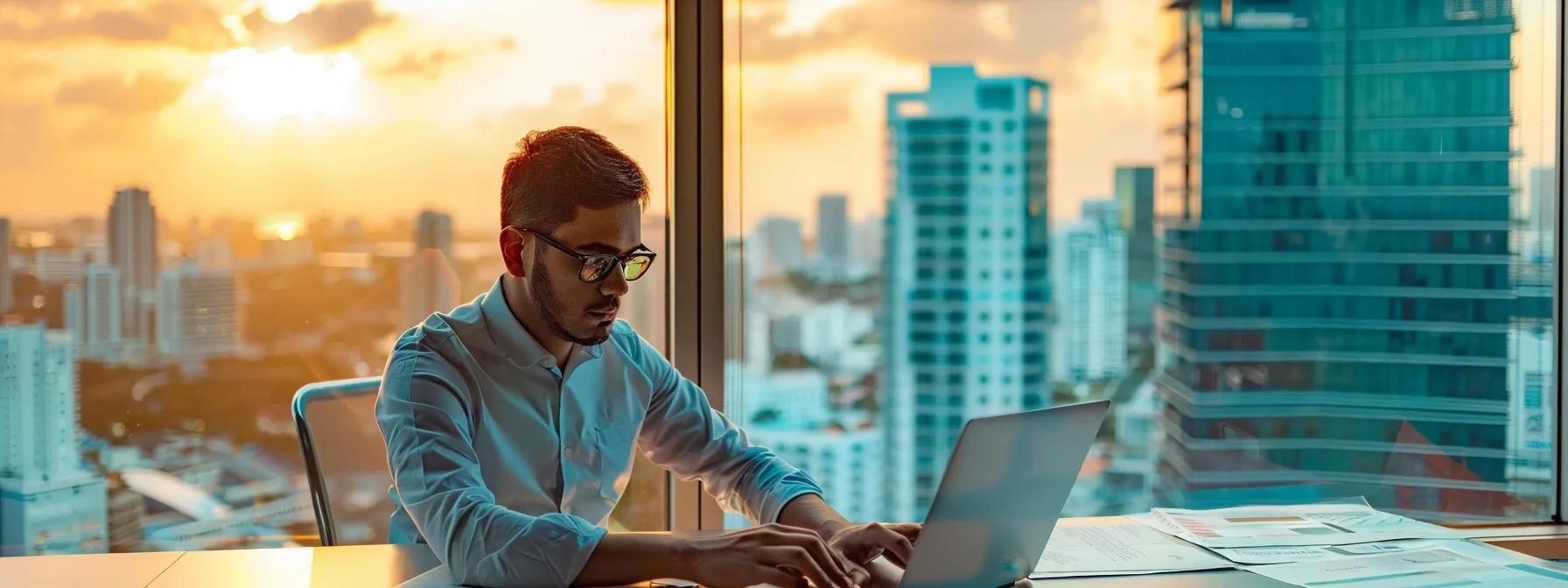 a professional office setting in miami featuring a focused individual calculating translation costs on a sleek laptop, surrounded by multilingual documents and a vibrant cityscape visible through large windows.