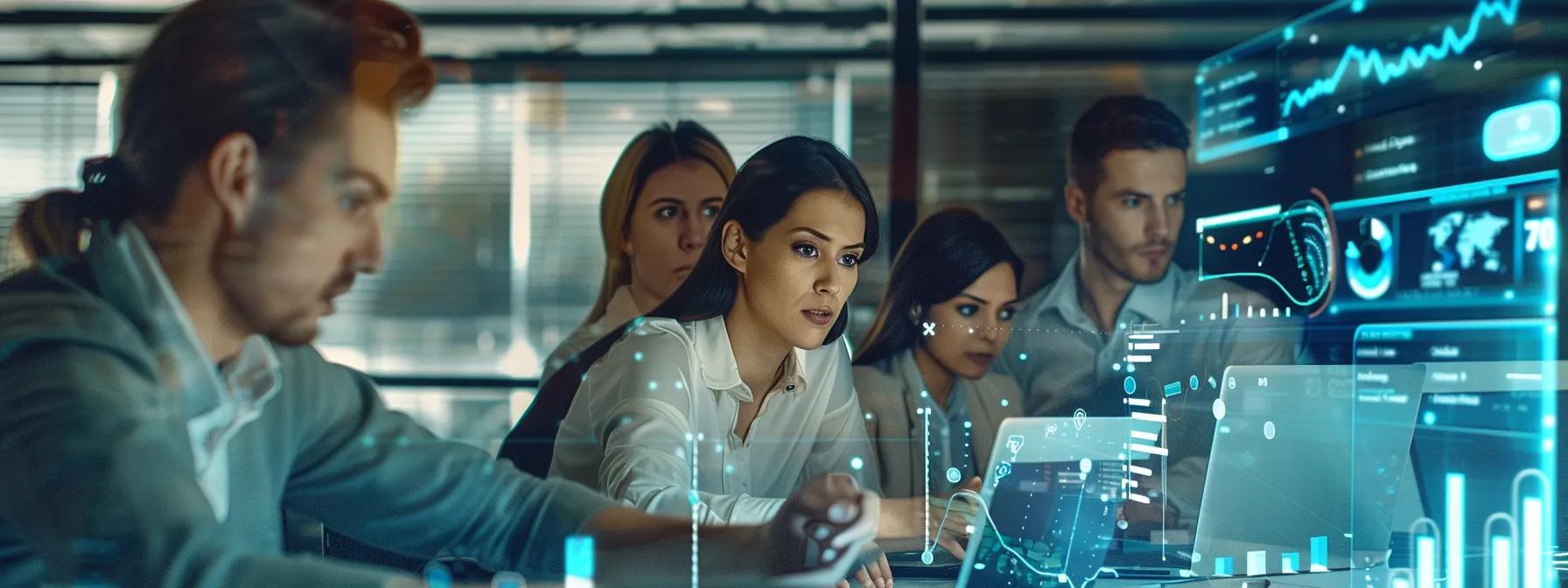 a sleek, modern office setting showcases a diverse group of professionals collaborating over laptops, surrounded by visual charts and digital displays highlighting ai marketing translation strategies and challenges.