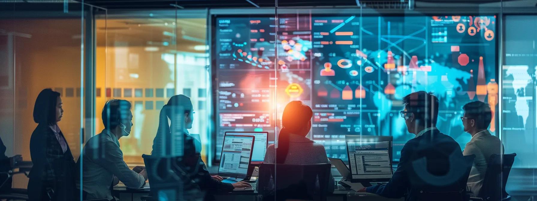 a dynamic office scene showcases a diverse team engaged in an energetic brainstorming session, surrounded by digital screens displaying real-time analytics and global market trends, emphasizing the transformative impact of ai marketing translation on brand growth.