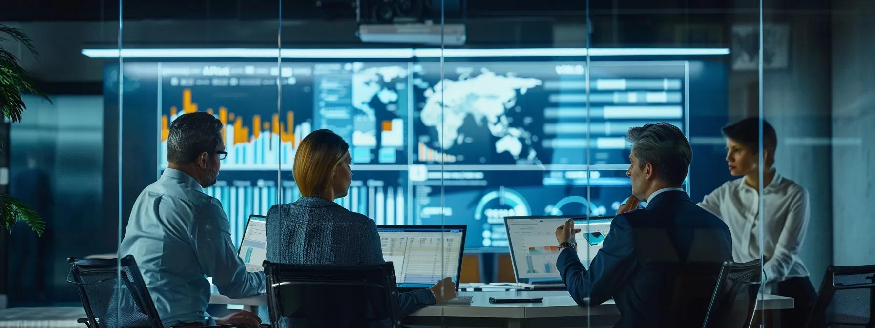 a sleek, modern office environment showcases a diverse team of professionals actively discussing a digital interface displaying real-time metrics and translation options, emphasizing strategic decision-making in selecting an ai marketing translation service.