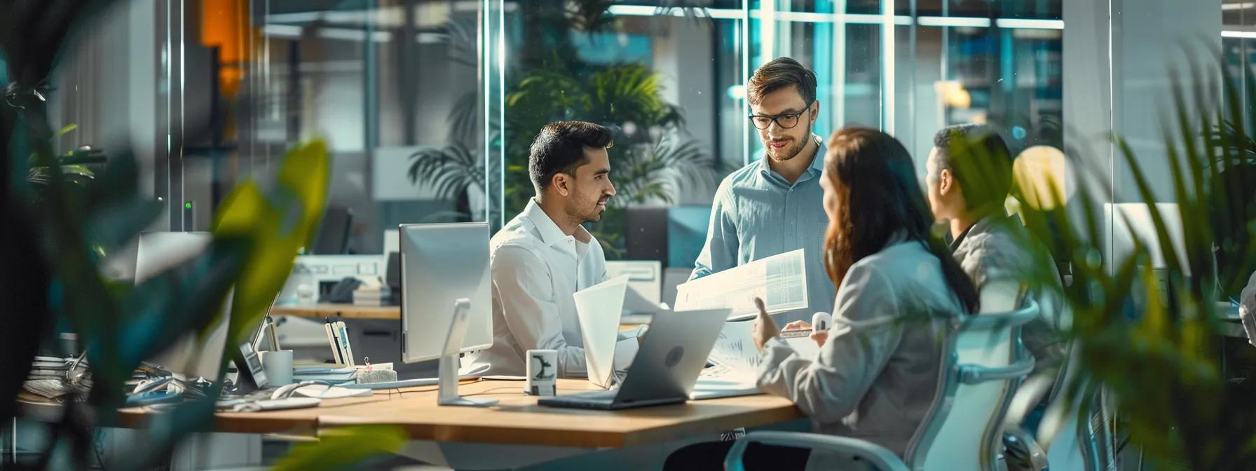 a sophisticated office environment features a diverse group of professionals engaged in intense discussions over complex technical documents, showcasing the urgency and importance of precise technical translations in engineering and patent work.