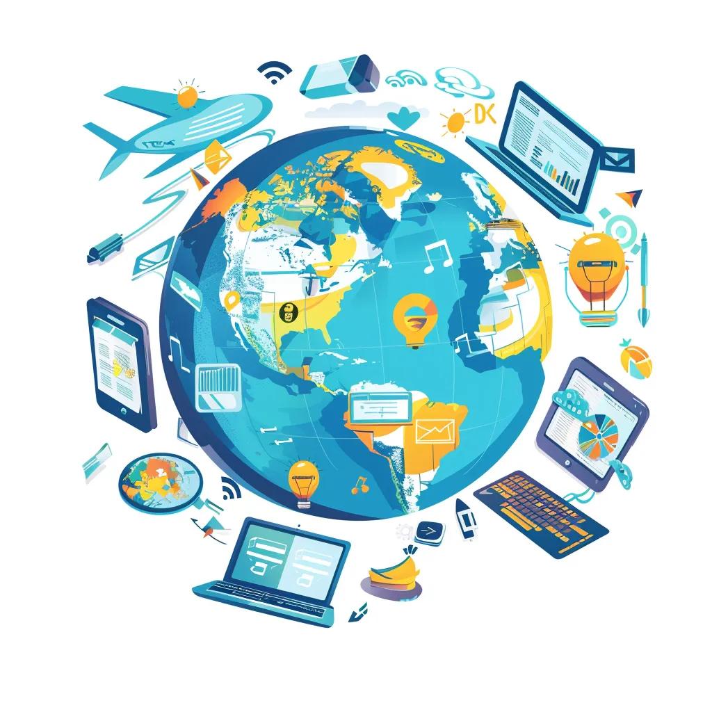 A globe surrounded by digital devices displaying various languages, representing global reach and accessibility in eLearning