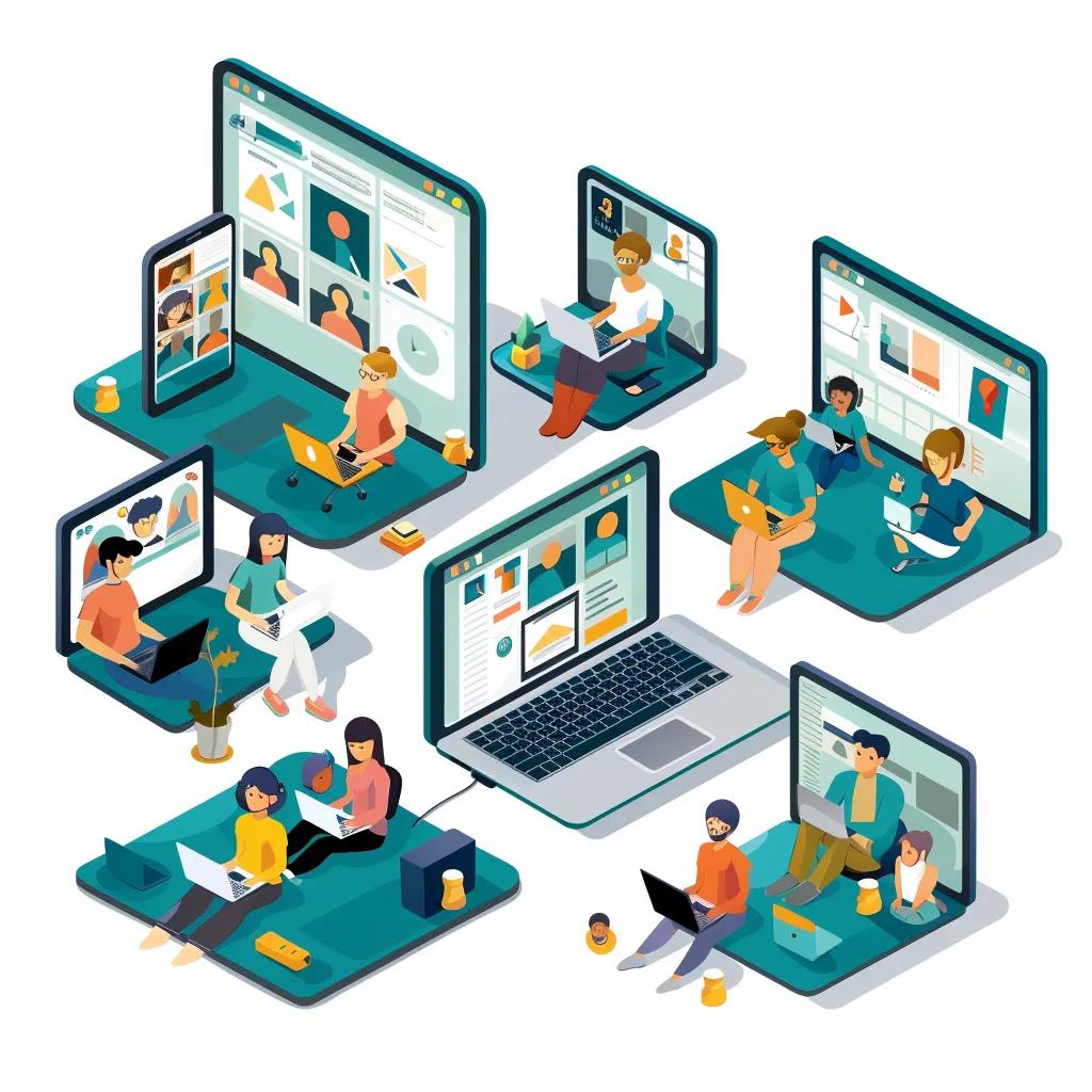 Diverse learners engaging with eLearning content on laptops and tablets in a modern classroom setting