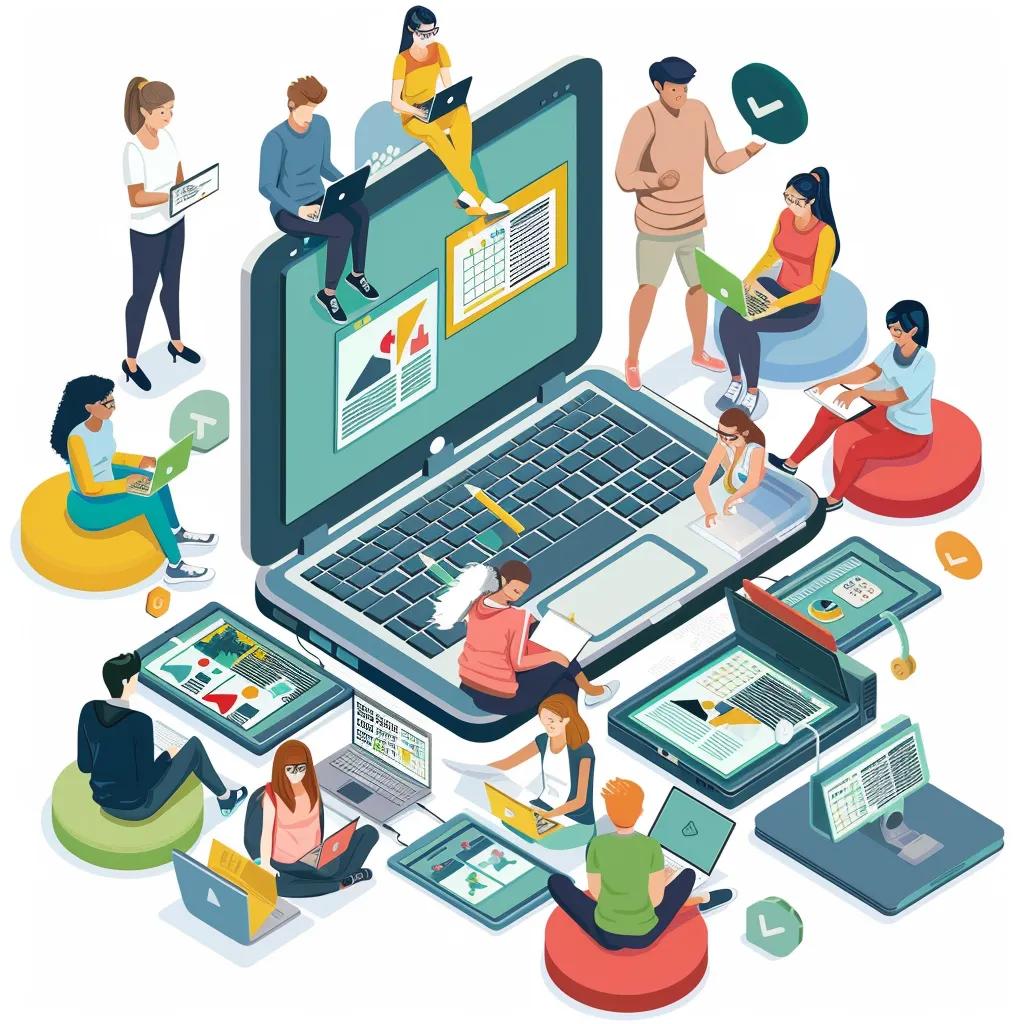Diverse learners engaging with eLearning content in a modern classroom setting