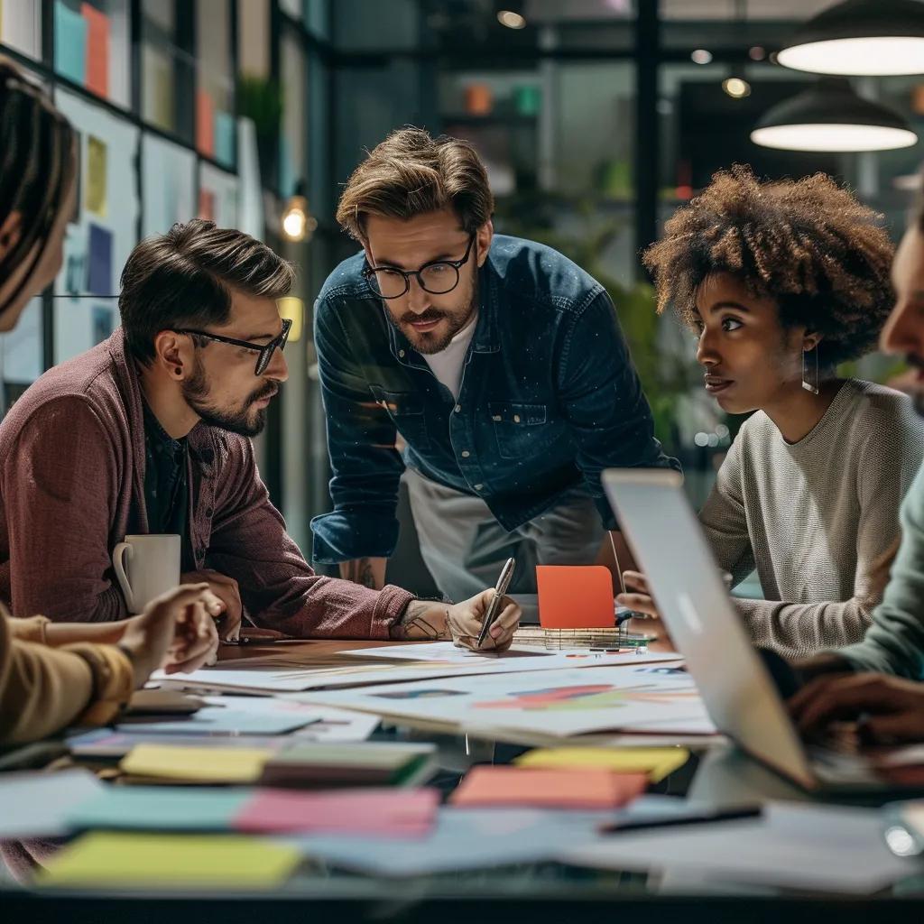 Diverse team collaborating on marketing translation strategies in a modern office