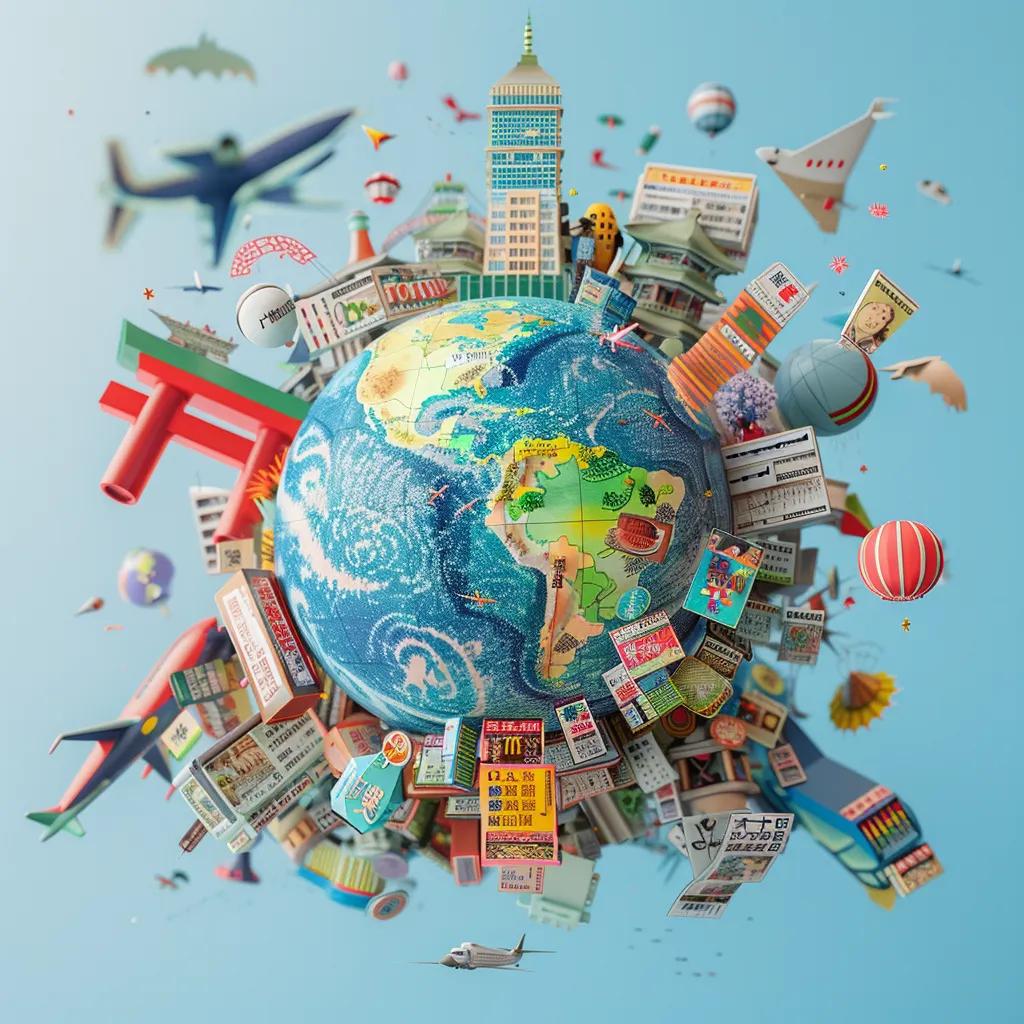 Globe surrounded by diverse marketing materials showcasing the benefits of translation