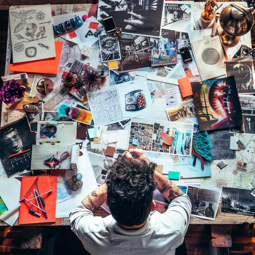 Creative professional brainstorming transcreation ideas in a culturally rich workspace
