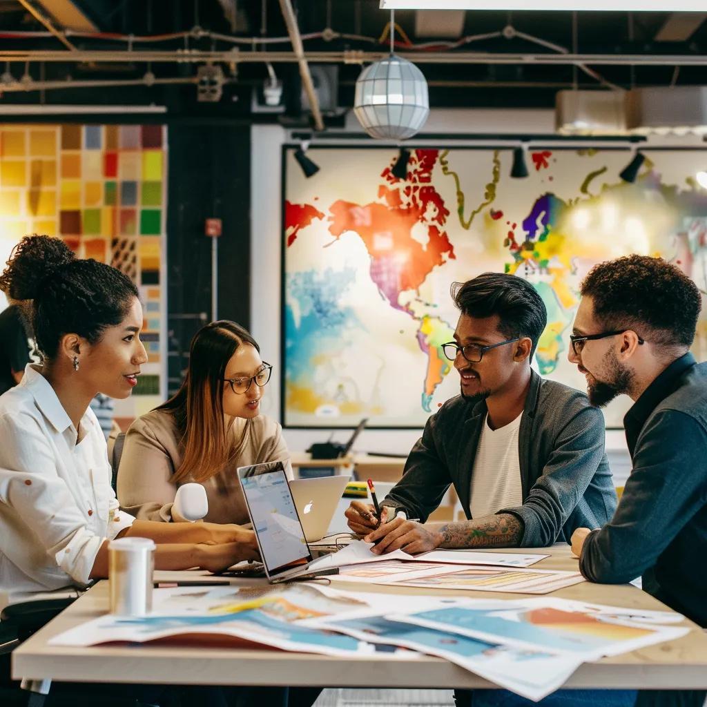 Diverse professionals collaborating on international marketing translation in a modern office
