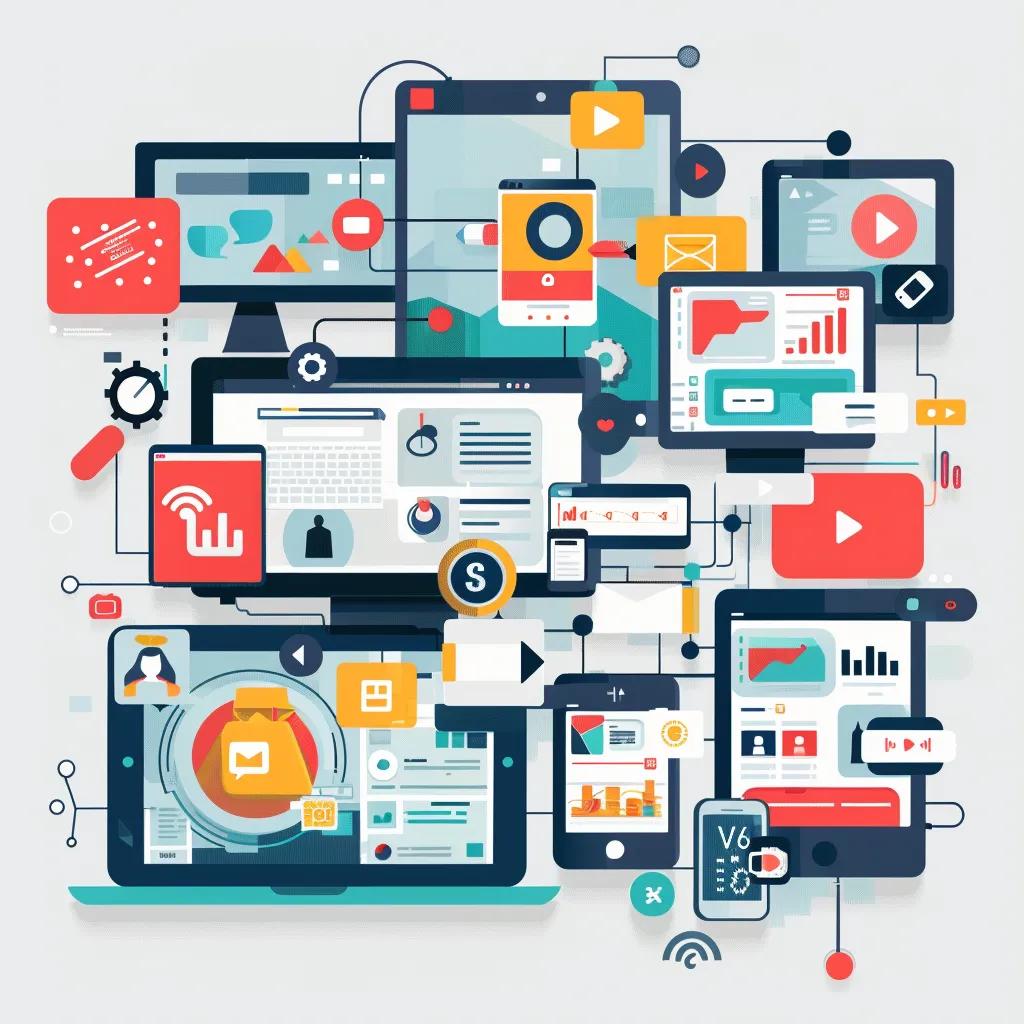 Collage of marketing content types needing international translation, including websites and social media