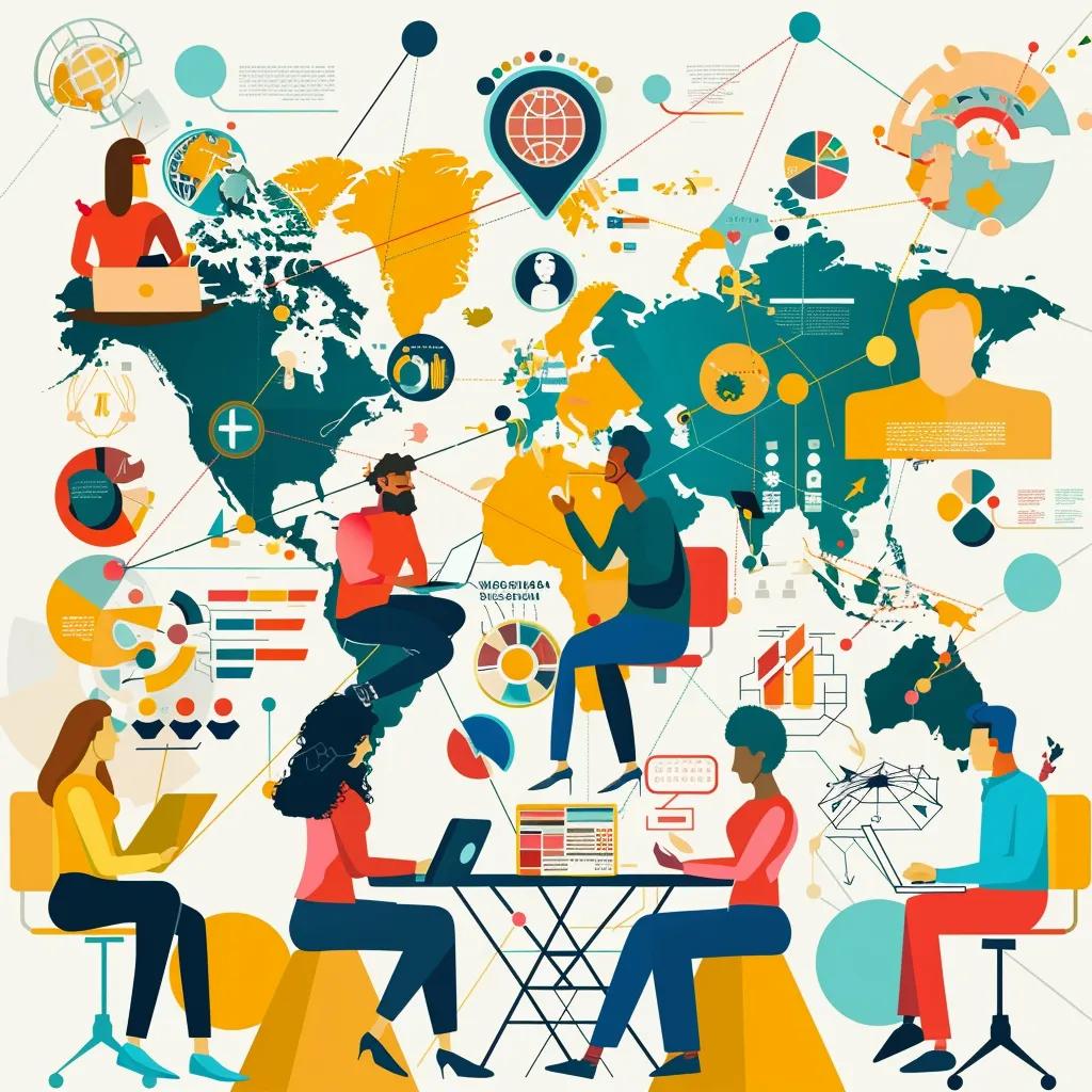 Diverse marketing team collaborating on global strategies with cultural symbols and marketing materials