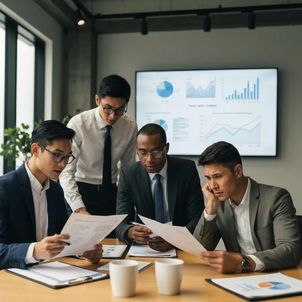 Business team in a conference room analyzing the financial and legal fallout from translation blunders