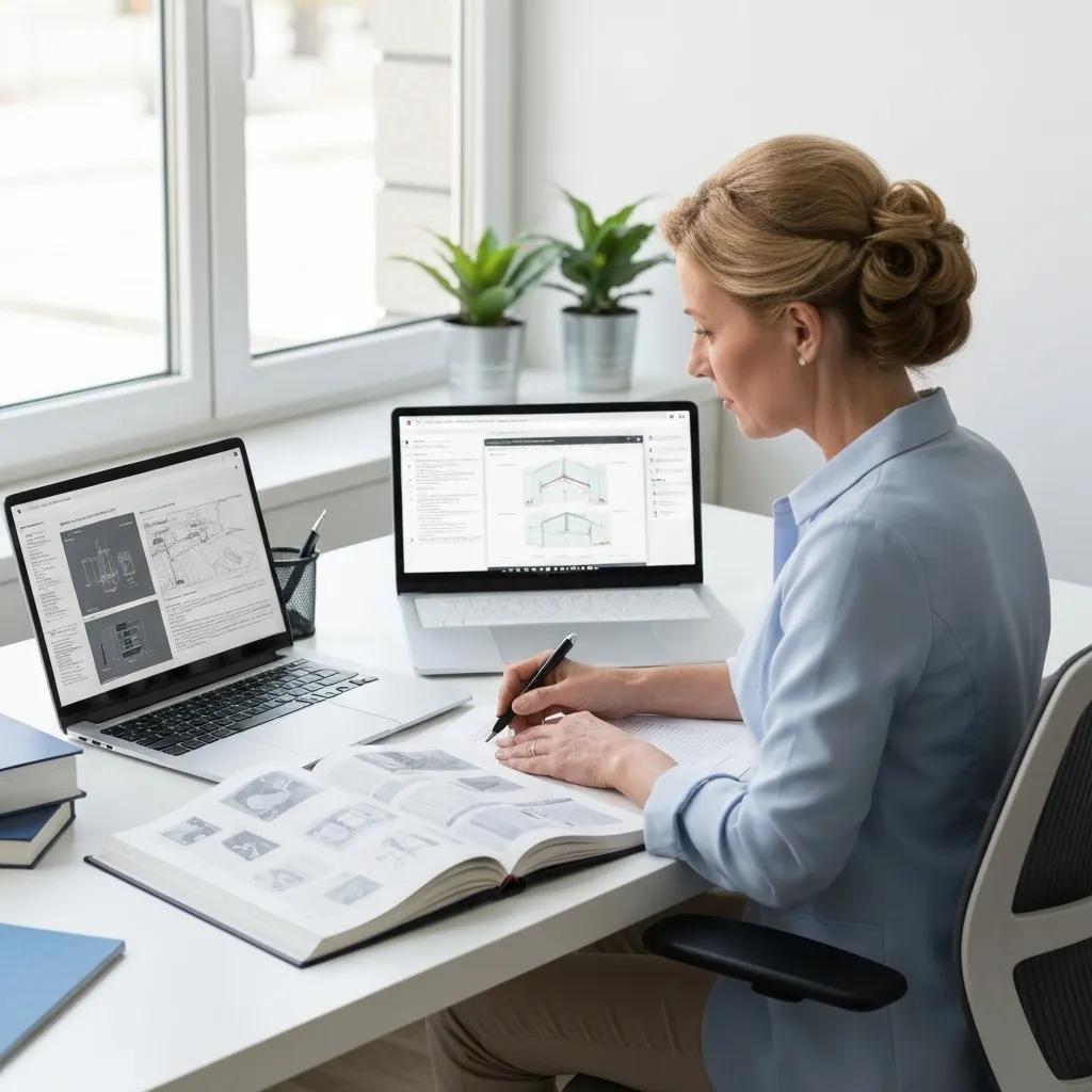 Expert translator meticulously reviewing technical documents in a contemporary office setting