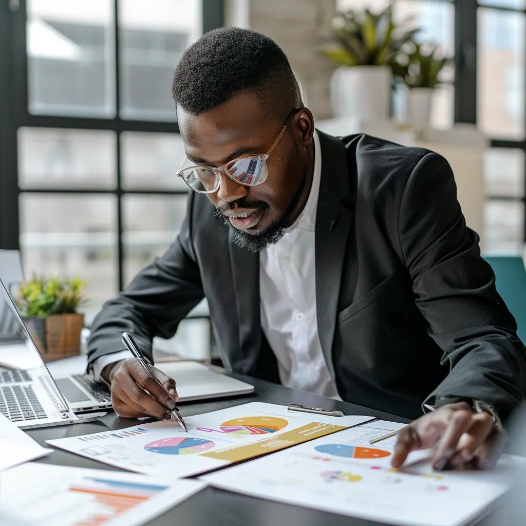 An expert meticulously reviewing culturally adapted branding materials, underscoring the critical role of cultural sensitivity in safeguarding brand integrity