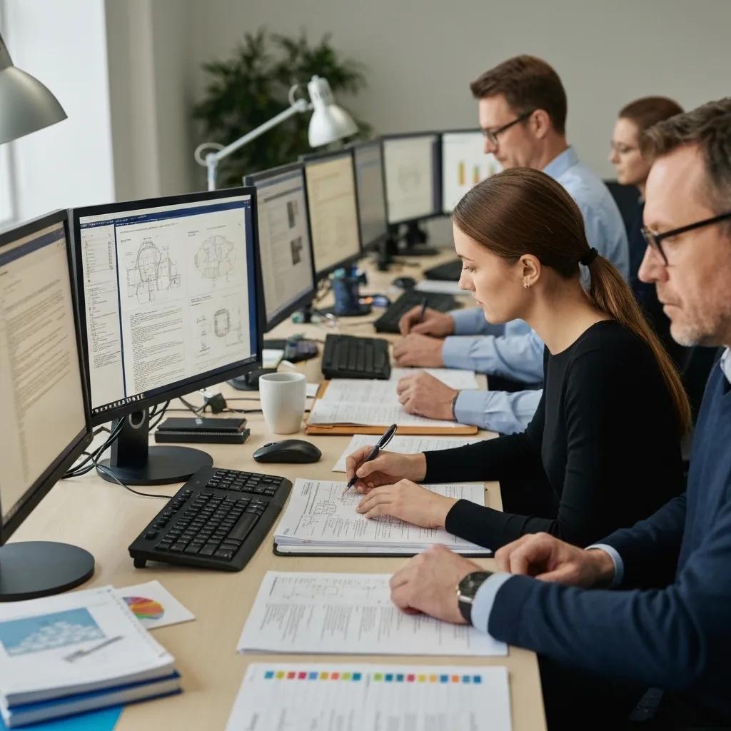 An expert translator meticulously reviewing technical documents alongside glossaries, emphasizing the importance of accuracy and precision in translation work