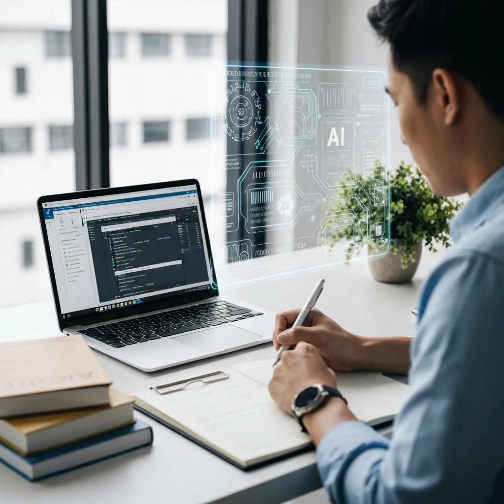 Human translator collaborating with AI technology in a modern workspace