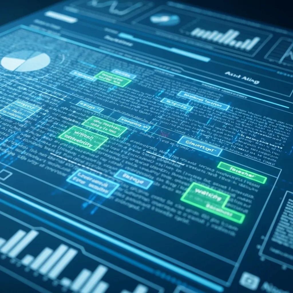Futuristic AI system analyzing text for enhanced translation accuracy