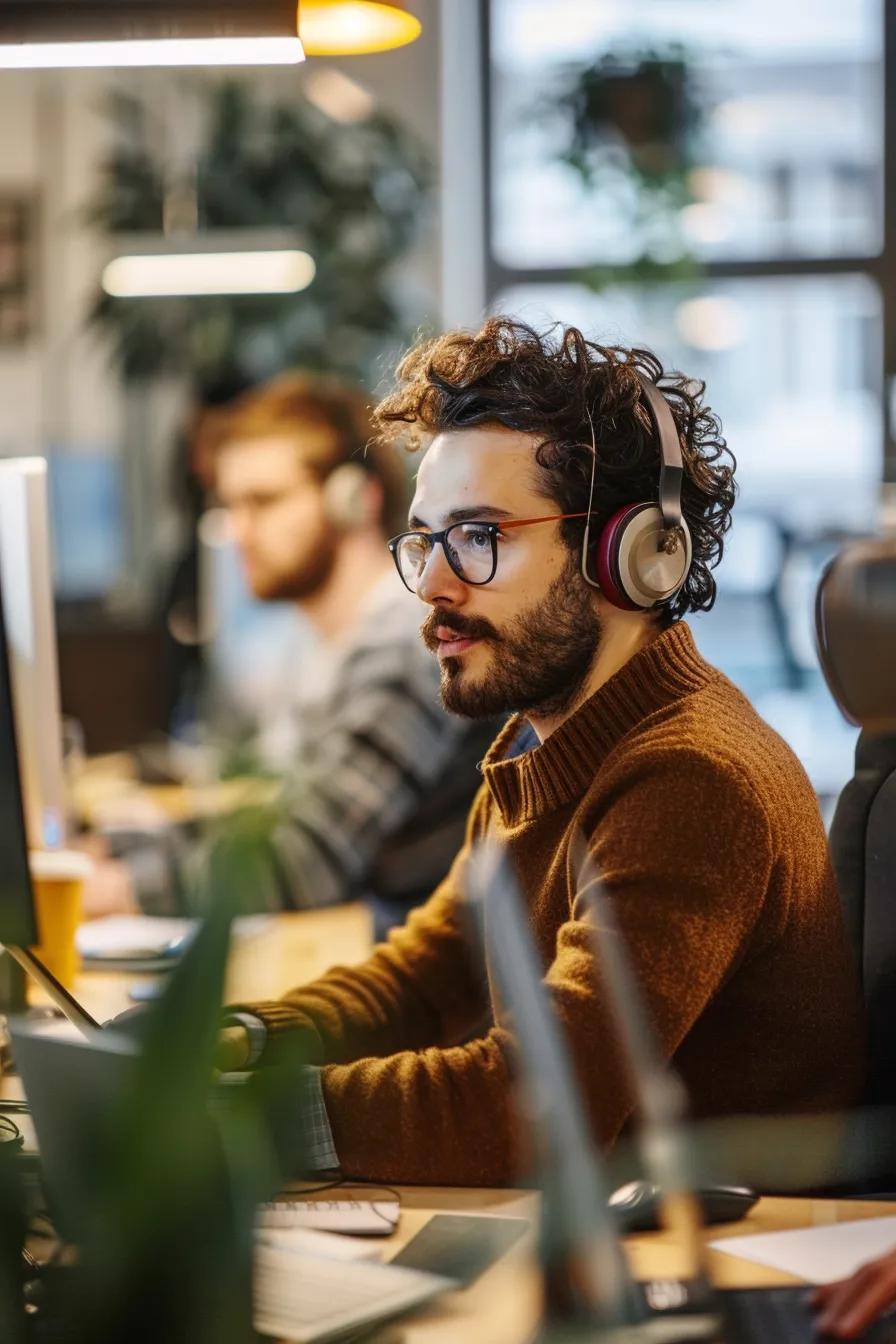 A translator utilizing quality assurance tools to ensure high translation standards in a modern office setting