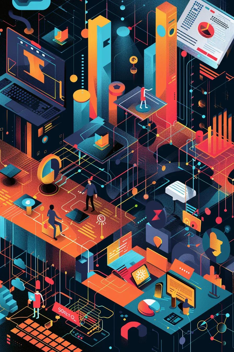 An illustration depicting the integration of technology in translation services, with a focus on AI and software tools