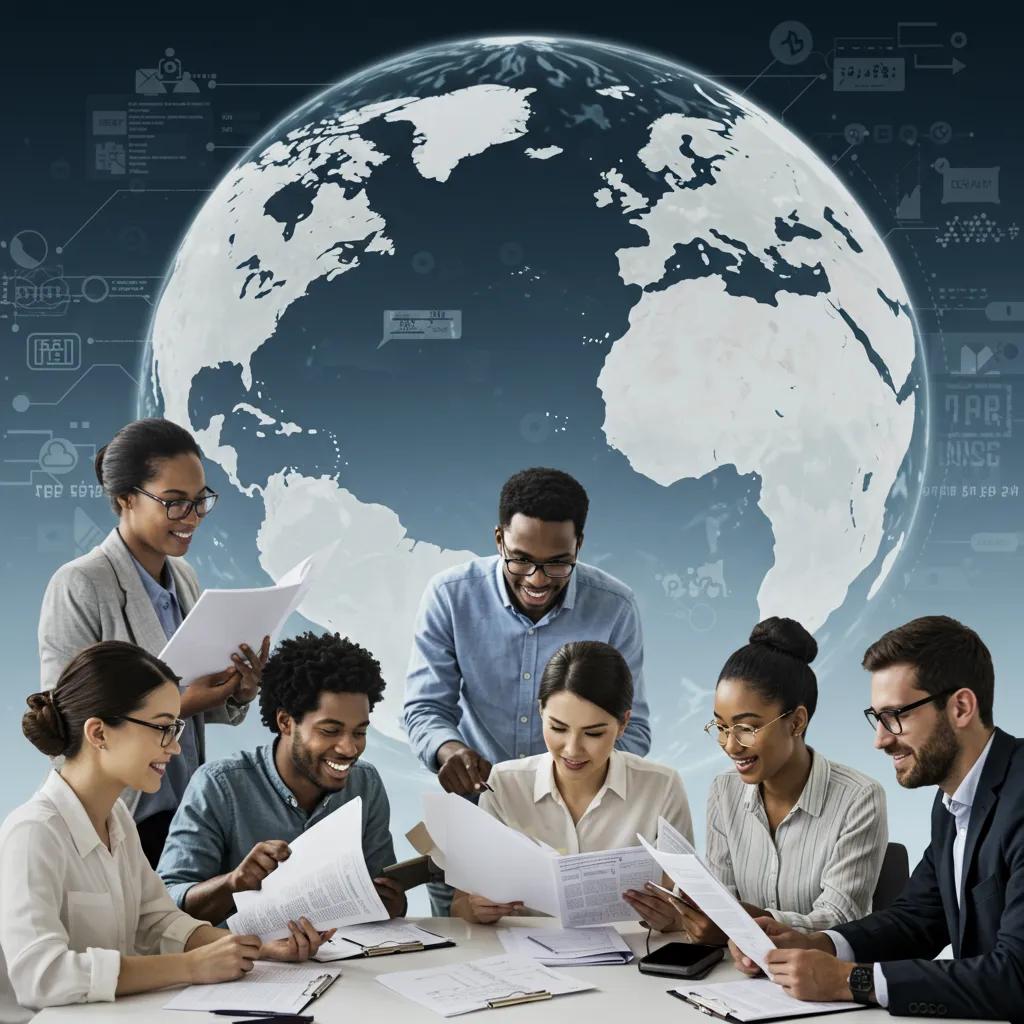 A diverse team of professionals collaborating on translation documents, with a globe symbolizing global communication