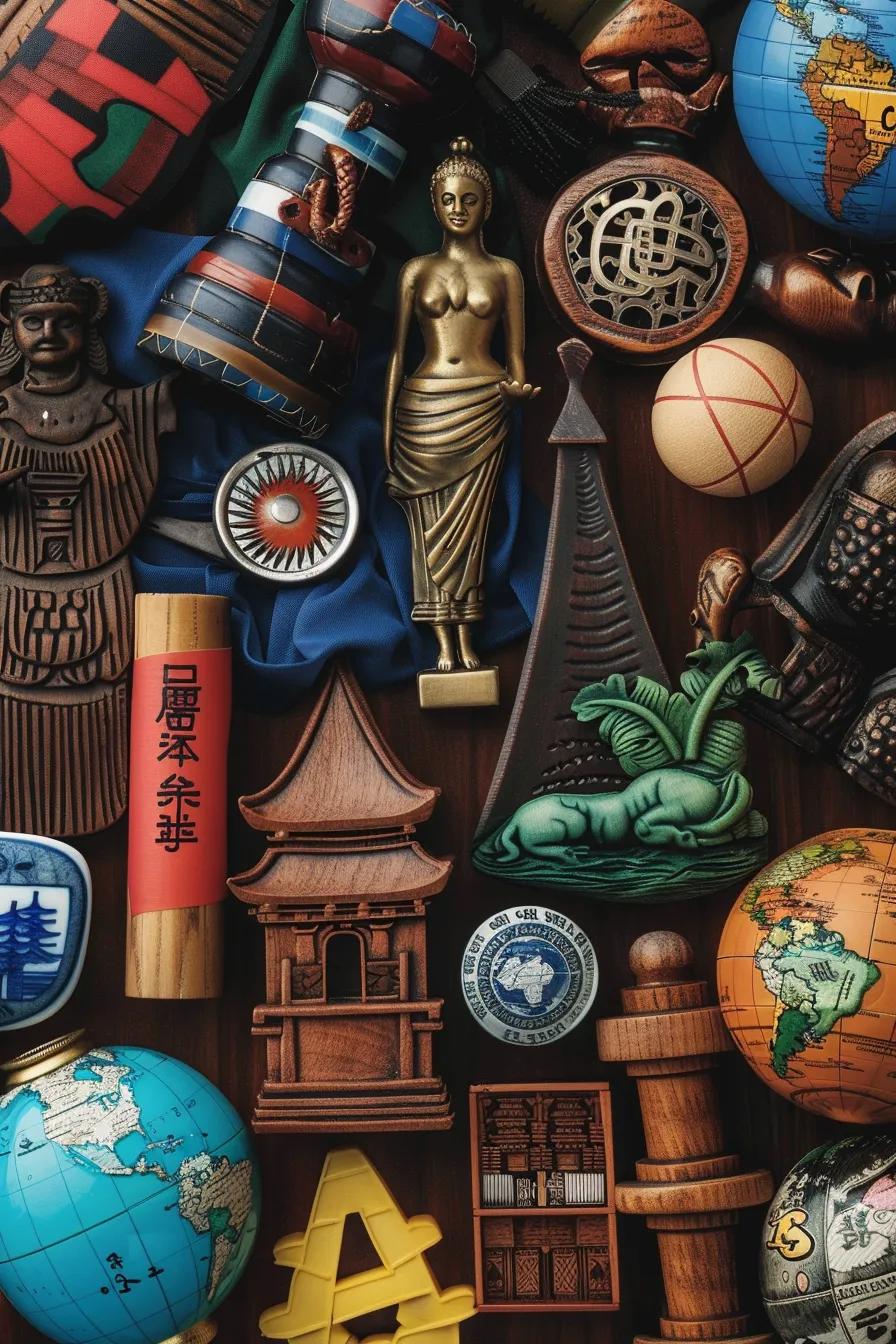 Various cultural symbols and artifacts from different countries, illustrating the significance of cultural nuances in translation accuracy