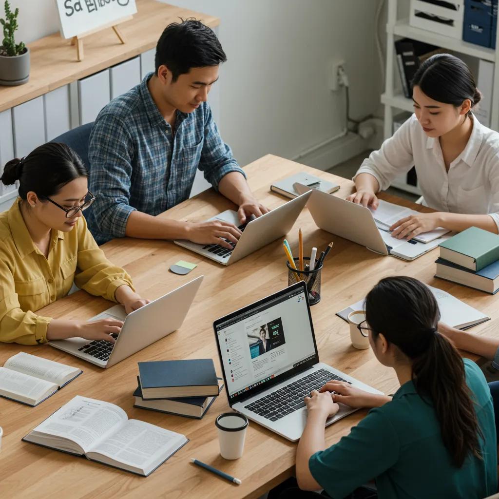 A diverse team of translators collaborating in a modern office, highlighting teamwork and cultural relevance in translation