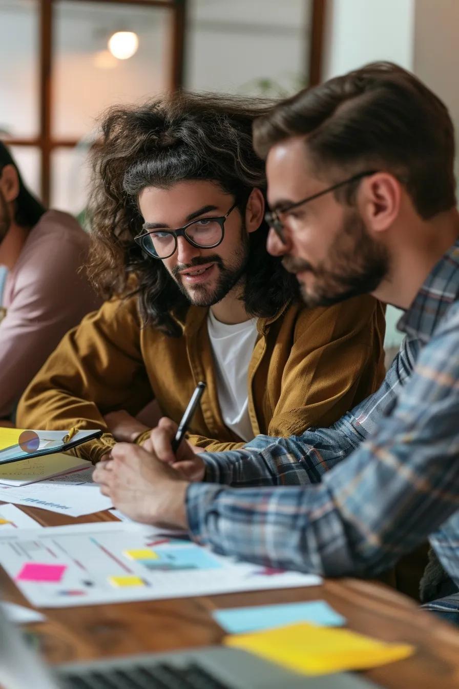 Team of professionals collaborating on a website localization strategy with notes and cultural artifacts