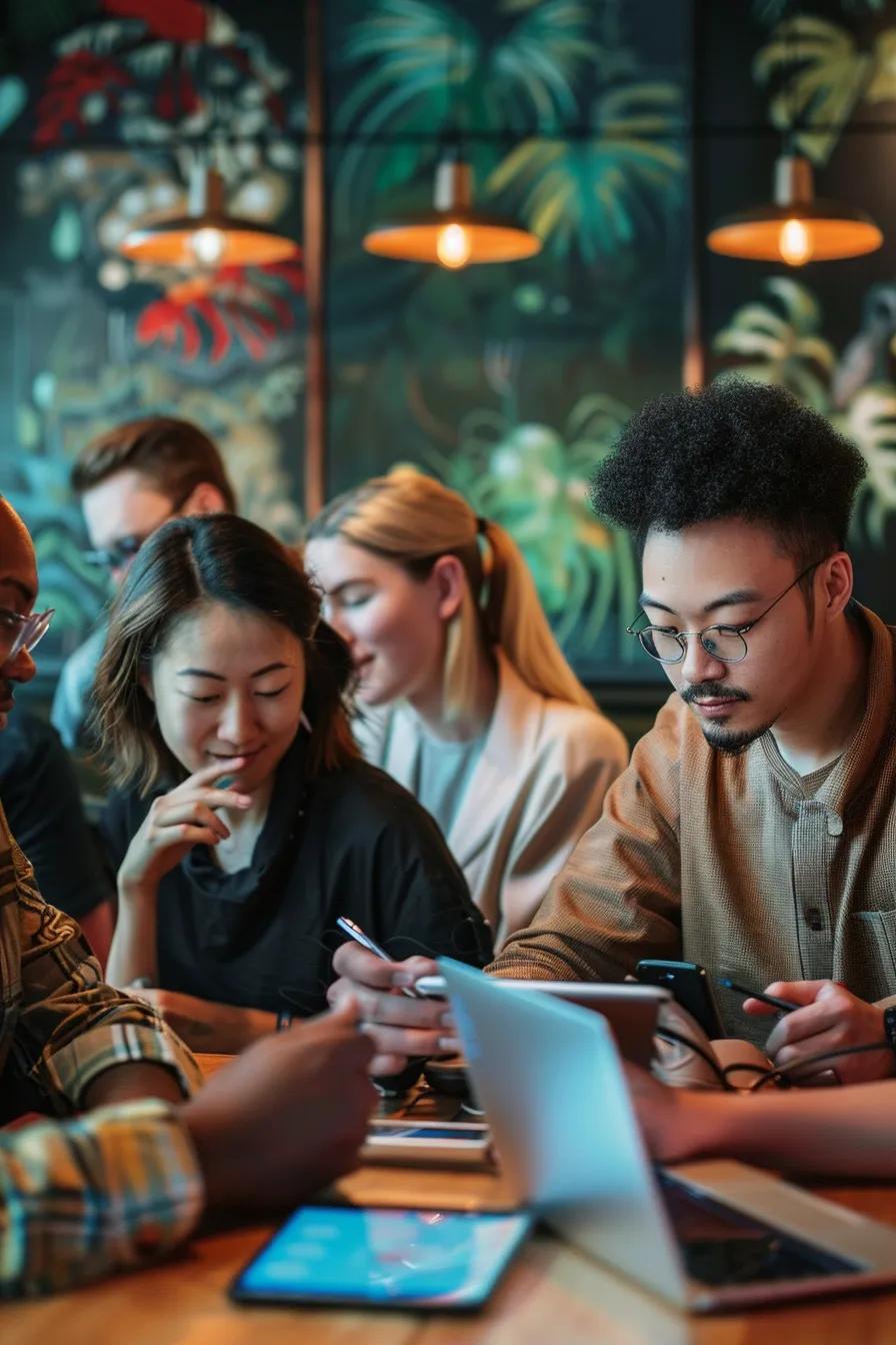 Diverse group of people engaging with a multilingual website on various devices, showcasing global connectivity