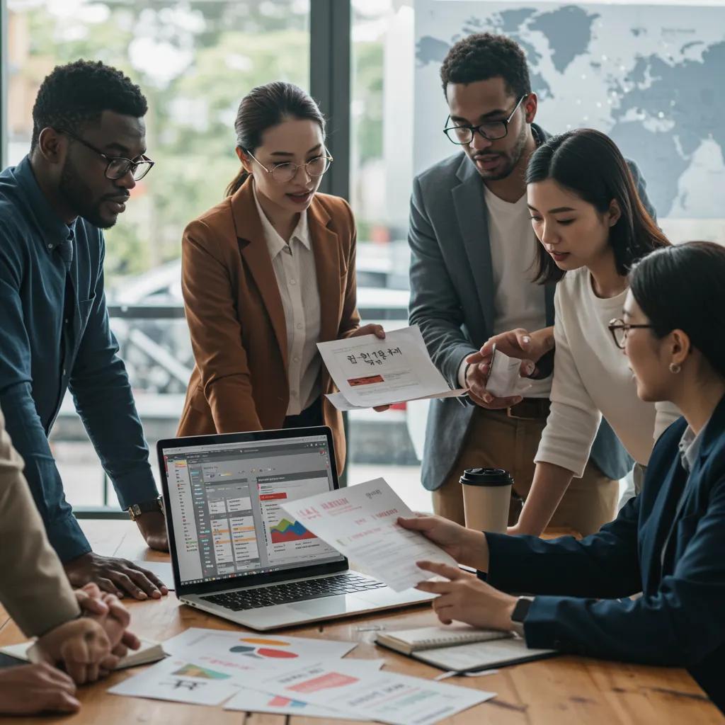 A team of professionals collaborating on translation projects in a modern office setting