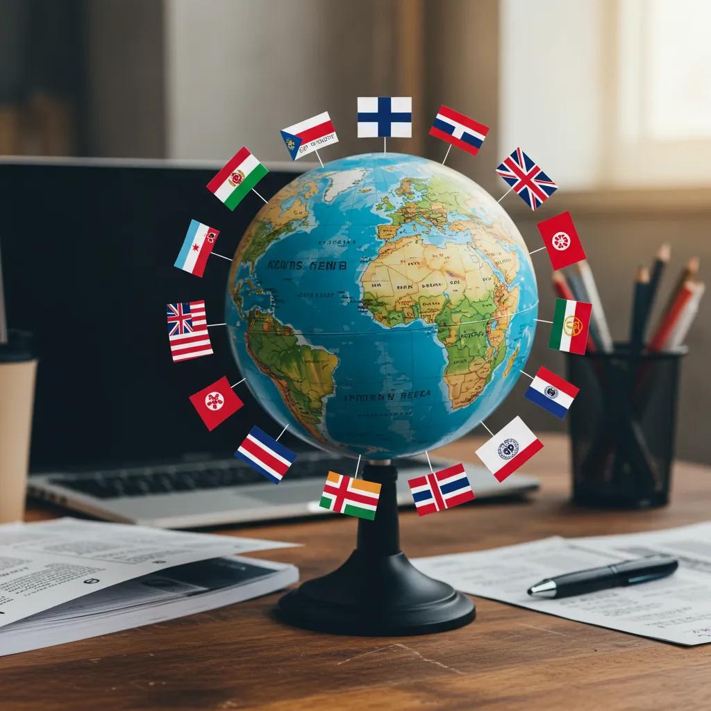 A globe surrounded by various language flags, symbolizing different language pairs in translation