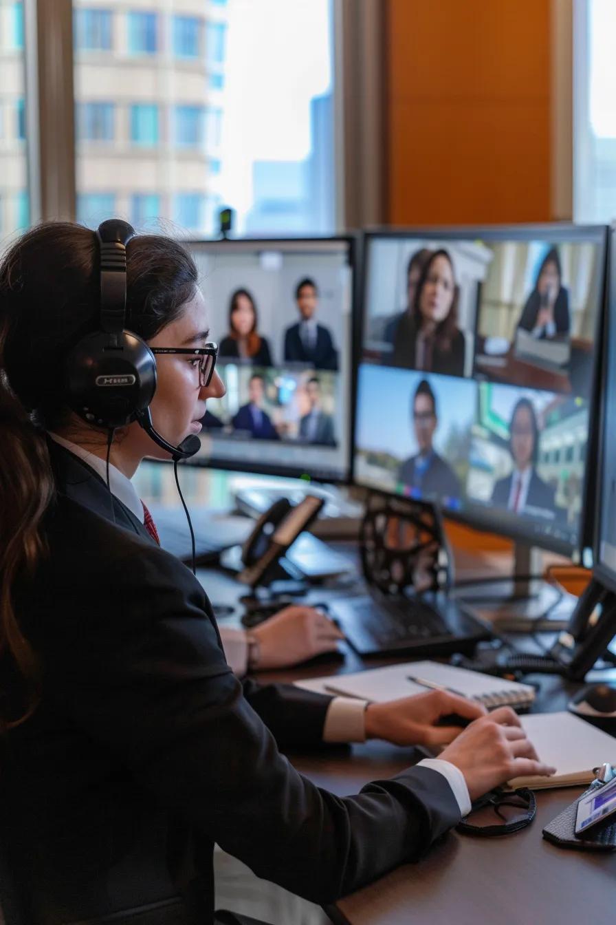 A visual representation of various interpretation modes: simultaneous interpretation in a conference booth, consecutive interpretation during a meeting, and a split screen showing video remote interpreting.