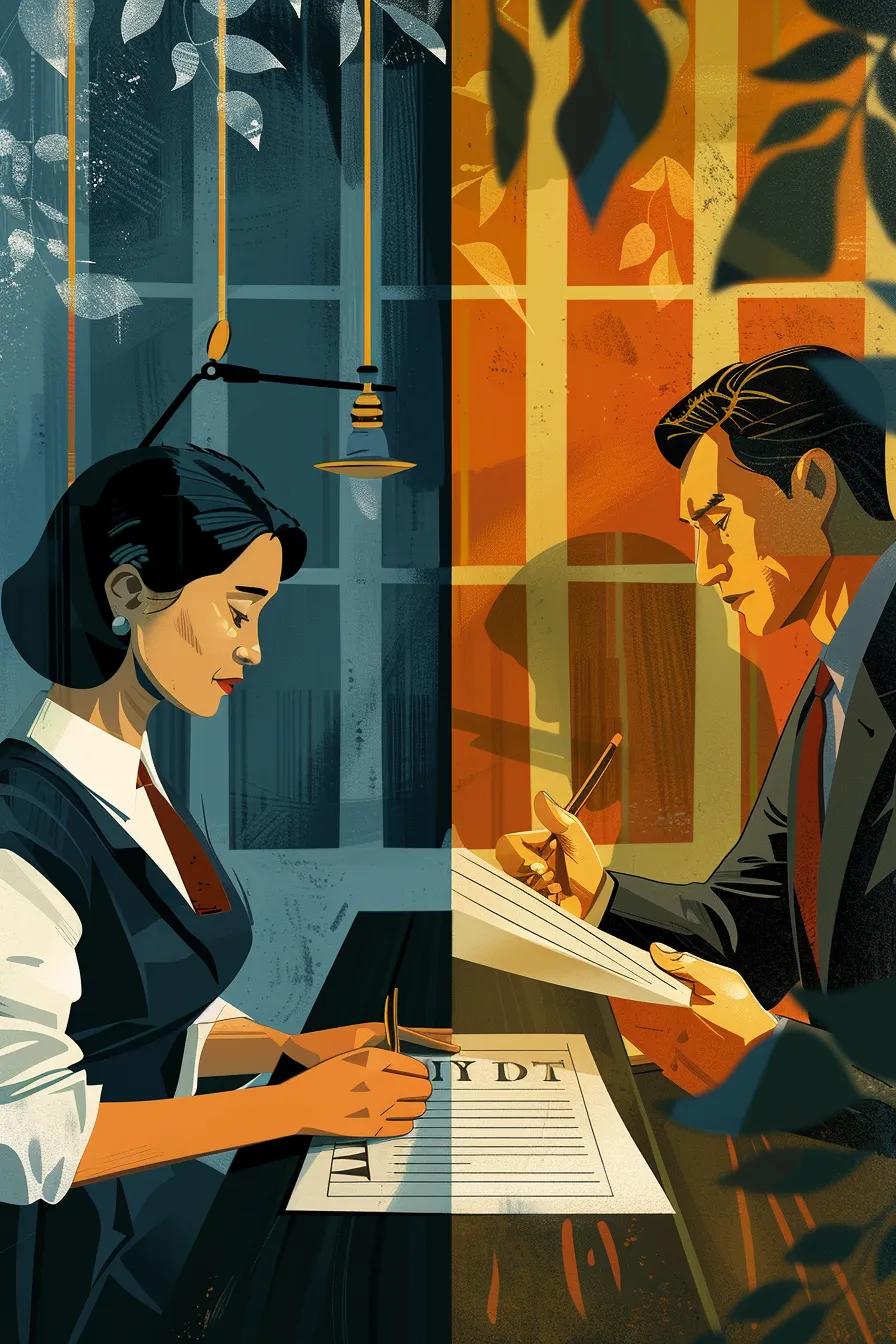 A split image showing a translator meticulously working on a document and an interpreter actively engaged in a live conversation, visually highlighting the distinct nature of their roles.