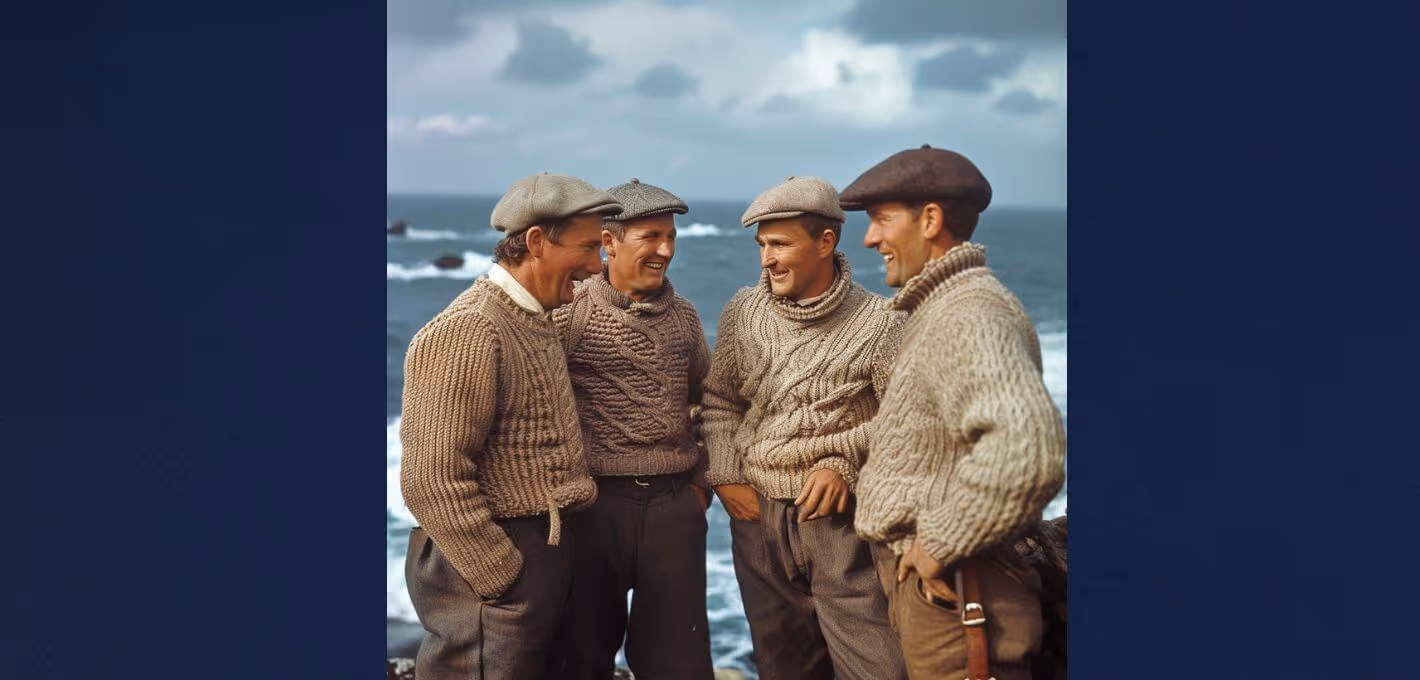 4 men in ribbed knit sweaters standing on a cliff overlooking the ocean