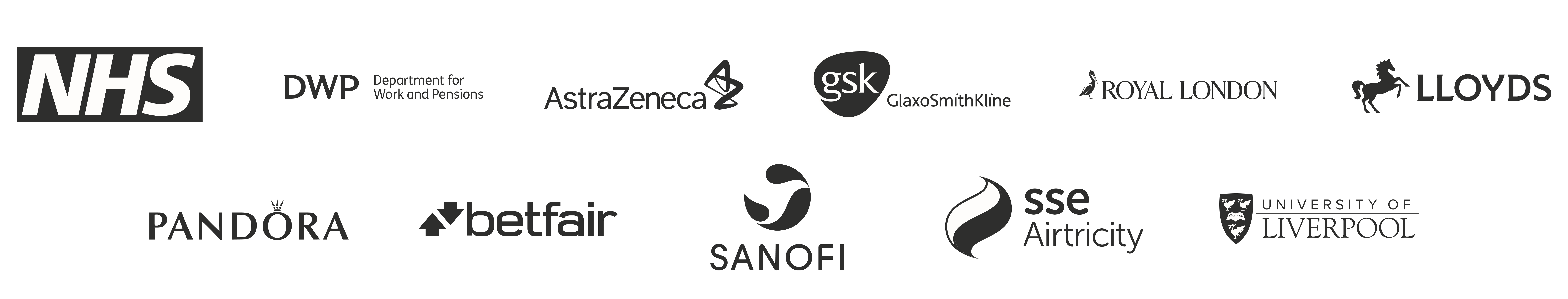 An image showing client logos as follows: NHS, DWP, AstraZeneca,  GSK, Royal London, Llyods banking Group, Pandora, Betfair, Sanofi, SSE, University of Liverpool.