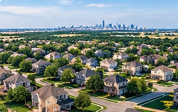 Aerial view of suburban housing outside a major metro