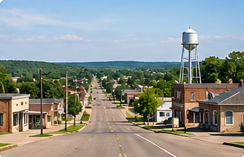 Main street of a small rural town with a water tower