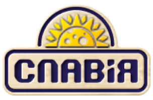Logo of ‘Славія’ (Slavia), a Ukrainian dairy brand. The design features the brand name in bold blue Cyrillic letters inside a beige rectangular frame, with a stylized yellow sun resembling a cheese wheel rising above it