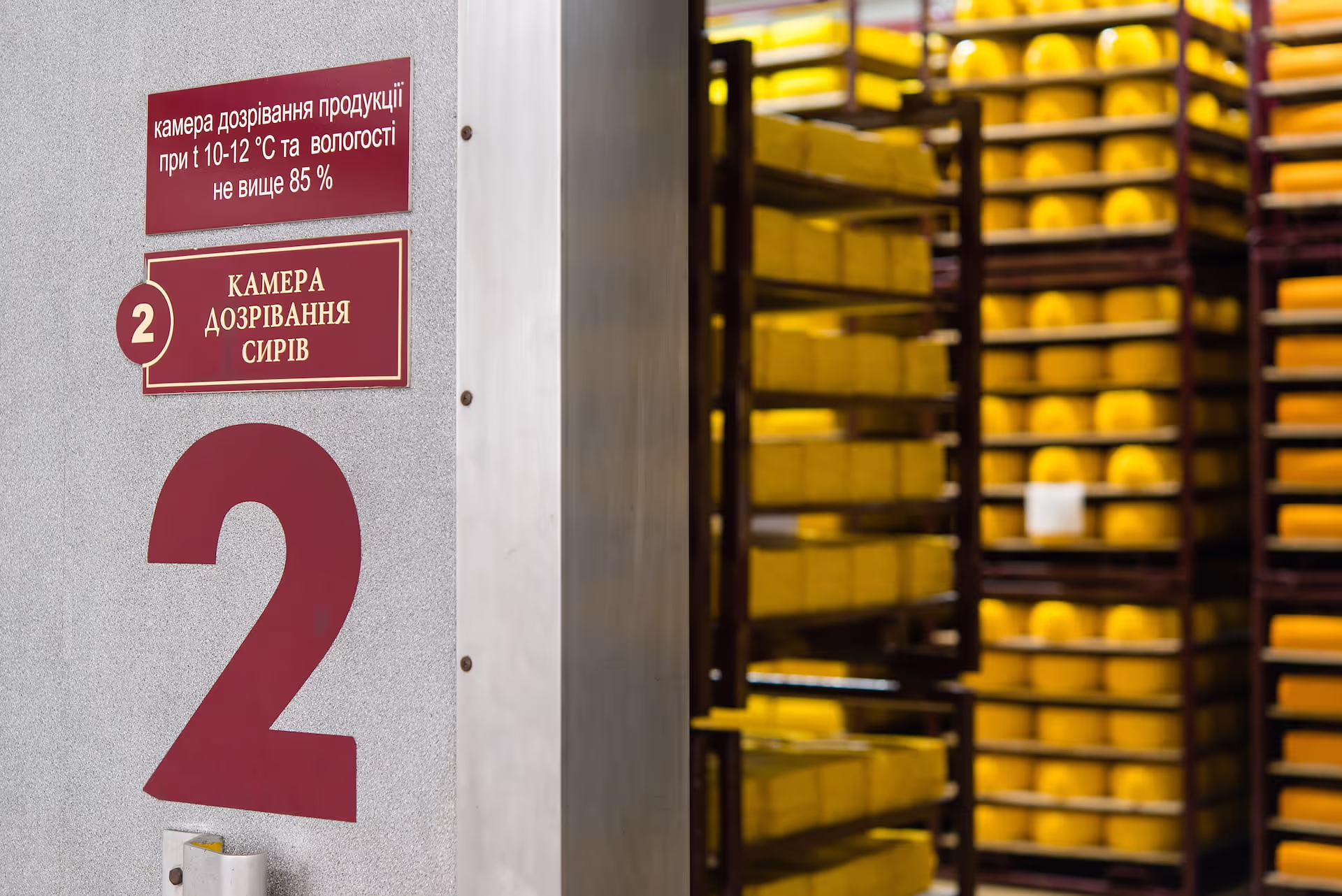 Entrance to a cheese aging chamber with red informational signs in Ukrainian indicating controlled temperature (10-12°C) and humidity (not exceeding 85%). Inside, rows of shelves stacked with large, round wheels of cheese are visible, maturing under optimal conditions