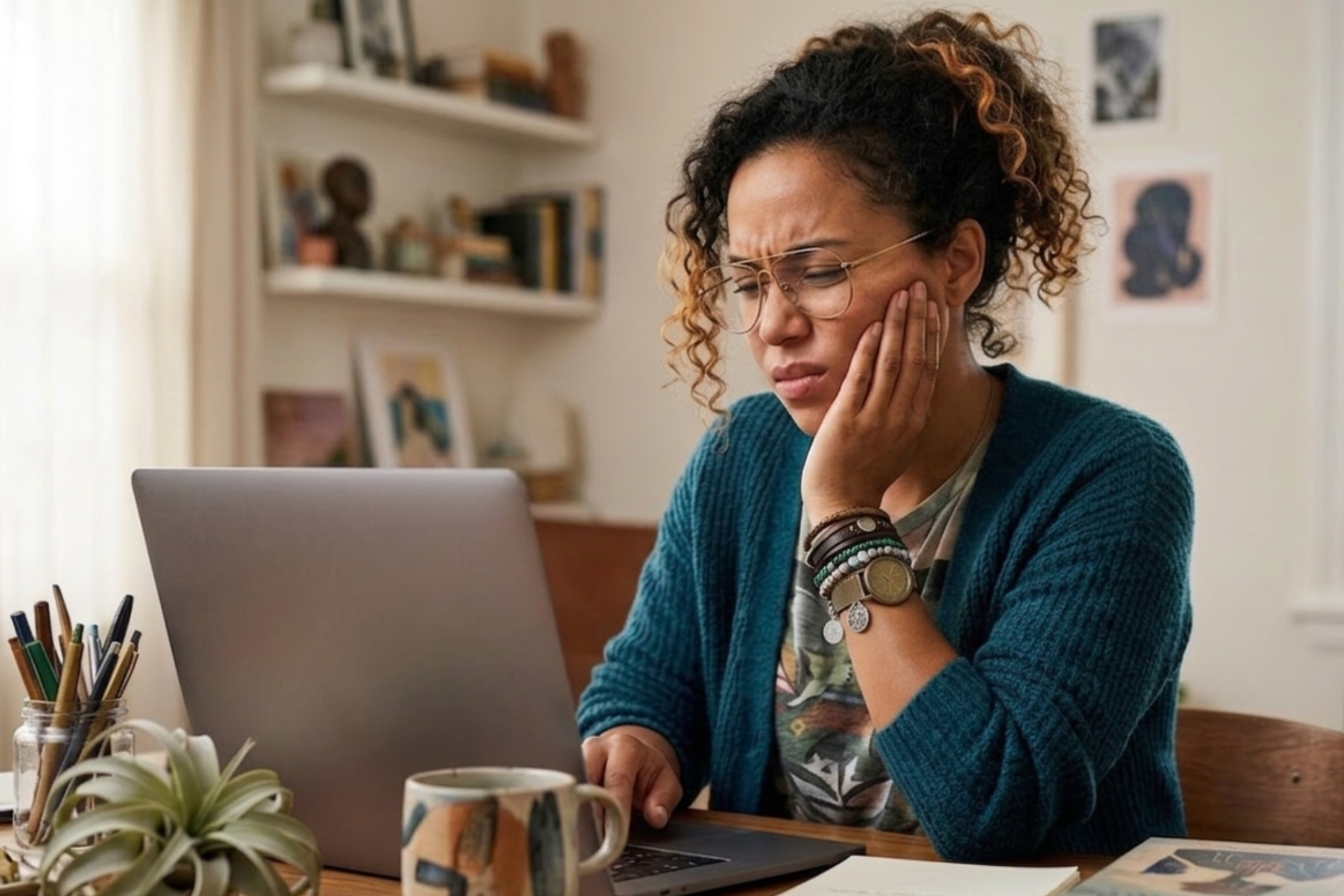 Patient experiencing tooth discomfort researching dental fillings and tooth pain online