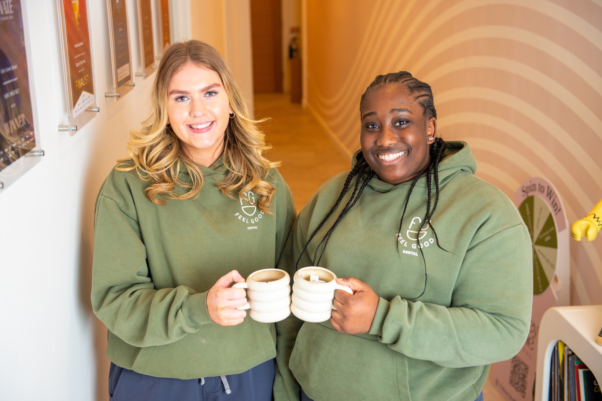 Friendly dental nurses Tiani and Maddi, supporting nervous patients at Feel Good Dental in Croydon dentist offering calm and reassuring care