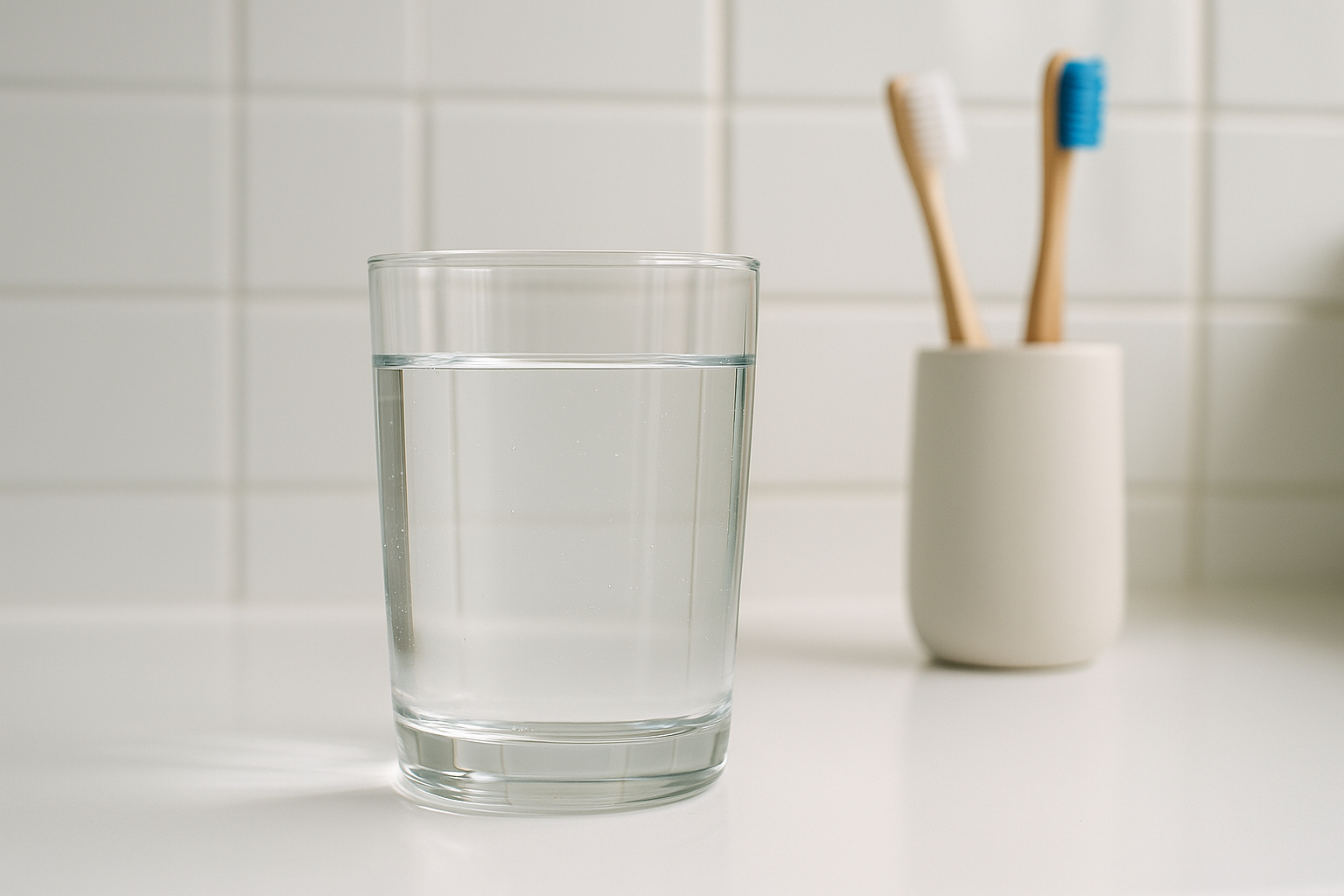 Glass of tap water on a UK bathroom counter with toothbrushes in the background, illustrating fluoride levels in drinking water - Purley dentist guide.