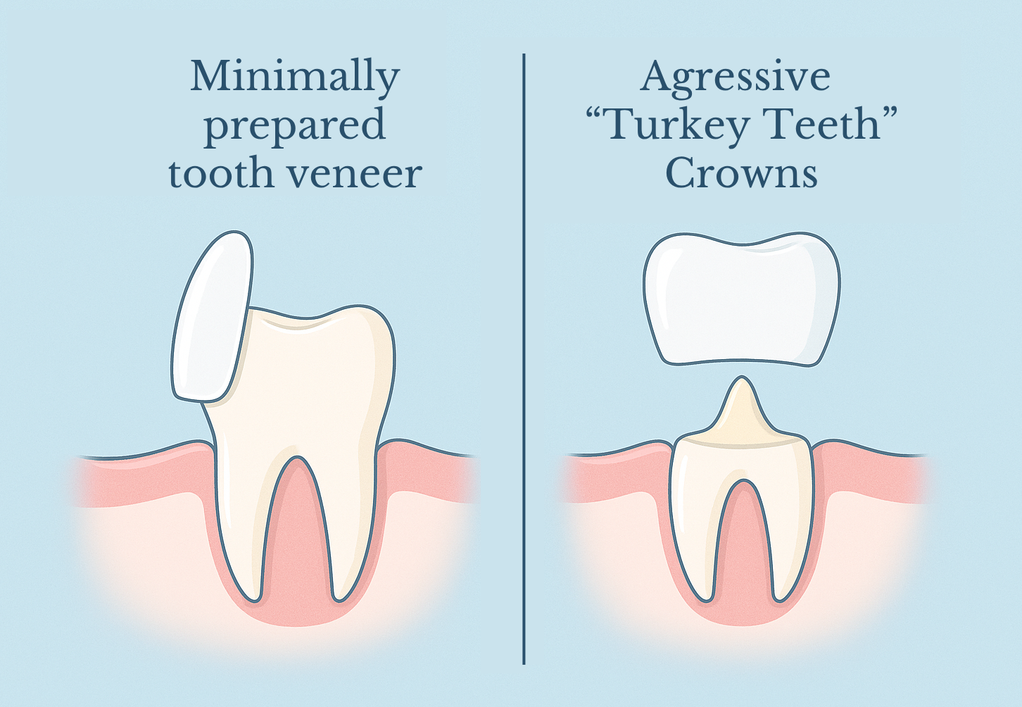 Educational infographic comparing minimally prepared veneer teeth with aggressive Turkey teeth crowns, highlighting the risks of excessive tooth filing.