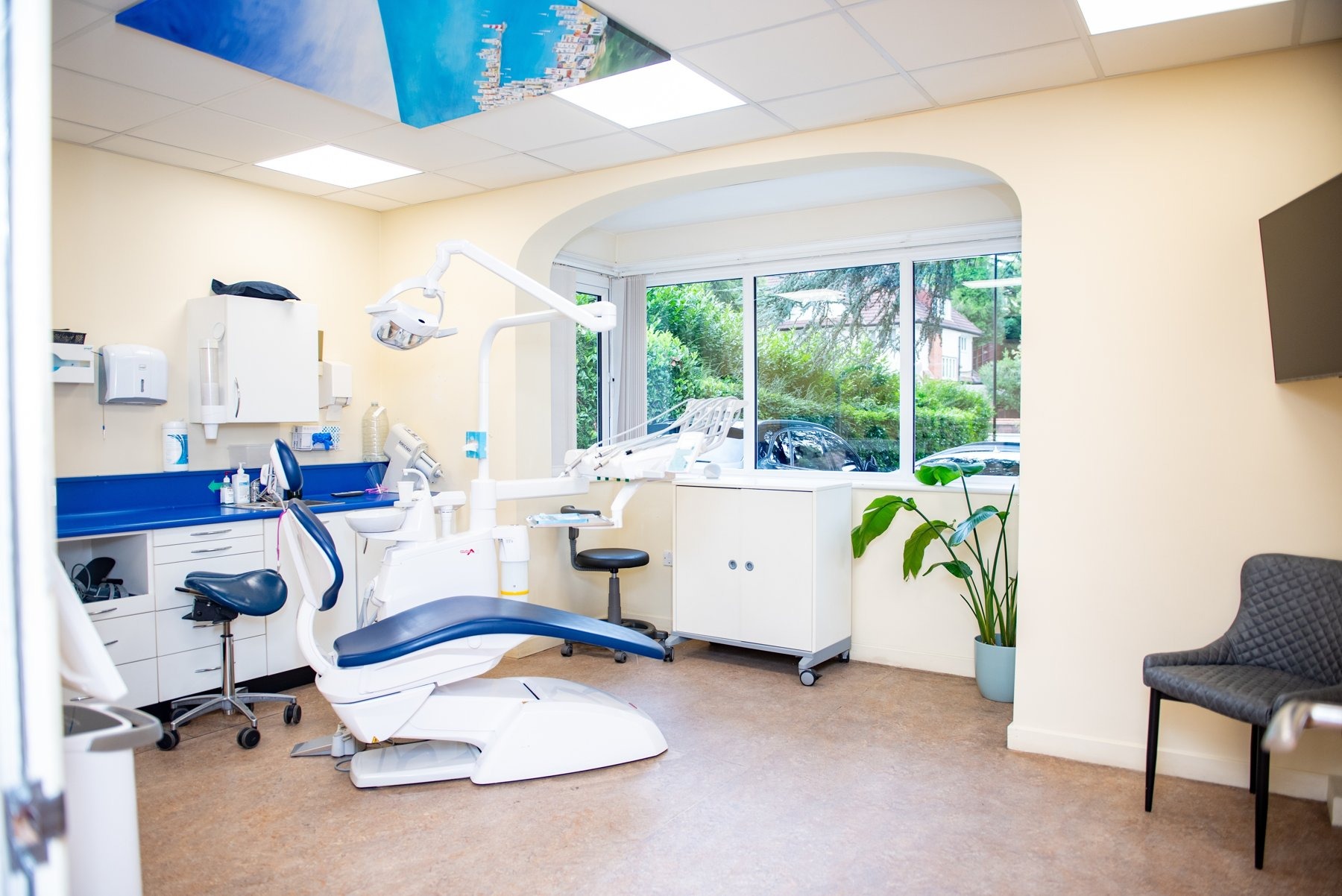 A bright treatment room at Foxley Lane Dental in Purley, with the dental chair by a garden window