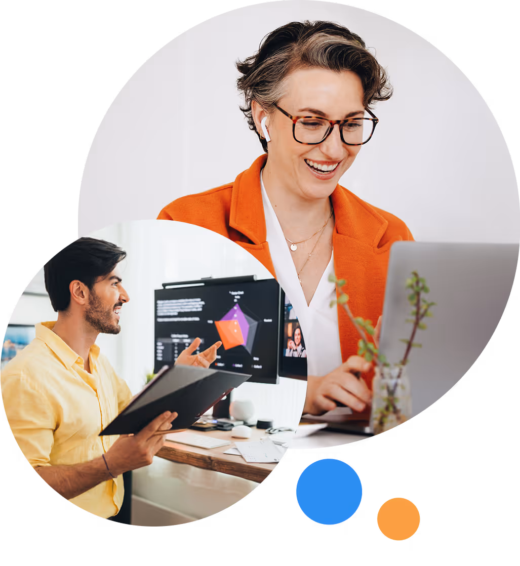 Two professionals in a virtual meeting, one smiling at a laptop and another presenting a chart—highlighting accessible, credit-eligible HR learning online.